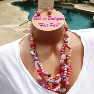 Chunky Boho Necklace Set Pink Purple Bead Stone